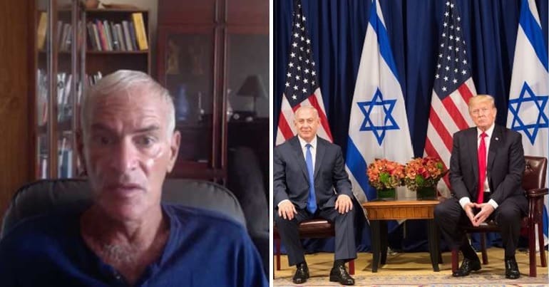 Norman Finkelstein, and Benjamin Netanyahu and Donald Trump in front of Israeli and US flags