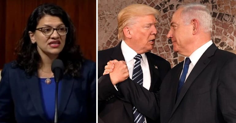 Rashida Tlaib on left, Donald Trump and Benjamin Netanyahu on right looking into each other's eyes with hands clasped