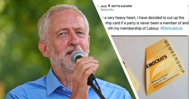 Jeremy Corbyn and torn up membership card