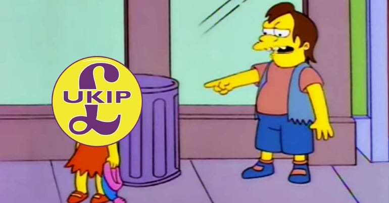 Nelson Muntz pointing at UKIP logo
