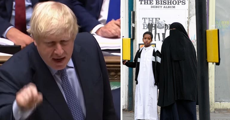British PM Boris Johnson/ Muslim woman in niqab with her son