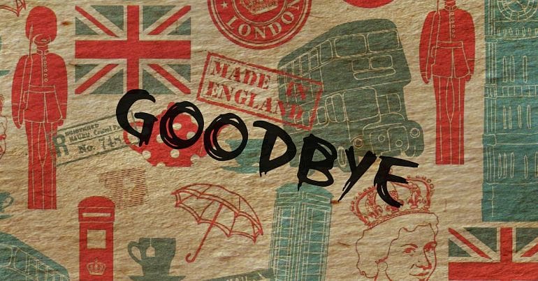Collage of UK symbols with 'goodbye' written over them