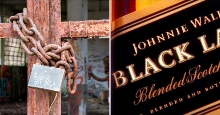 A locked gate and a Johnnie Walker whisky label