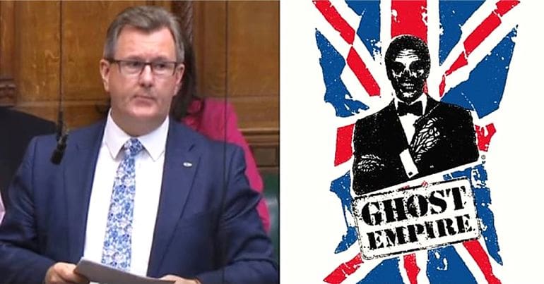 DUPs Jeffrey Donaldson and ghost empire image over the Union Jack