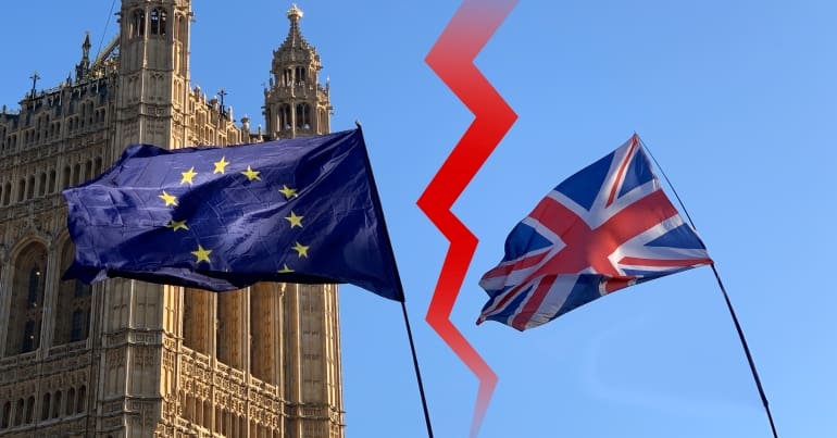 EU flag and Union flag with a split between them