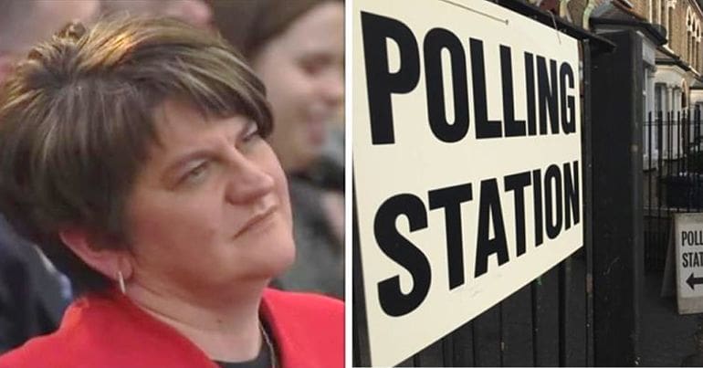 Arlene Foster and Polling Station sign