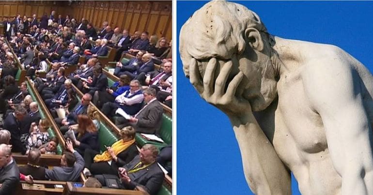 House of Commons chamber and face palm statue