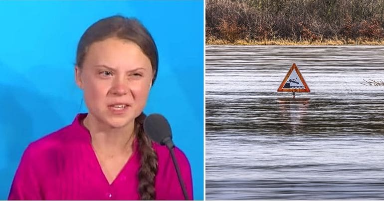 Greta Thunberg and a flooded road