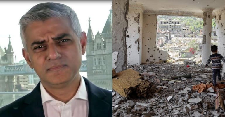 Sadiq Khan and a bombed building in Yemen
