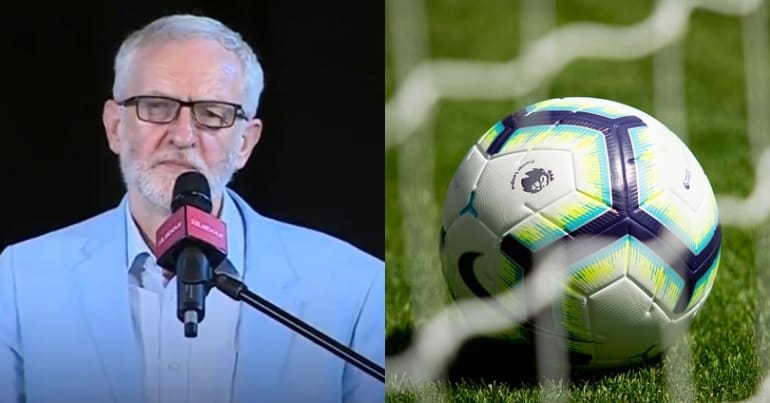 Jeremy Corbyn and football in a football net
