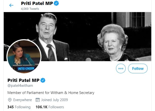 Priti Patel's Twitter banner showing Reagan and Thatcher