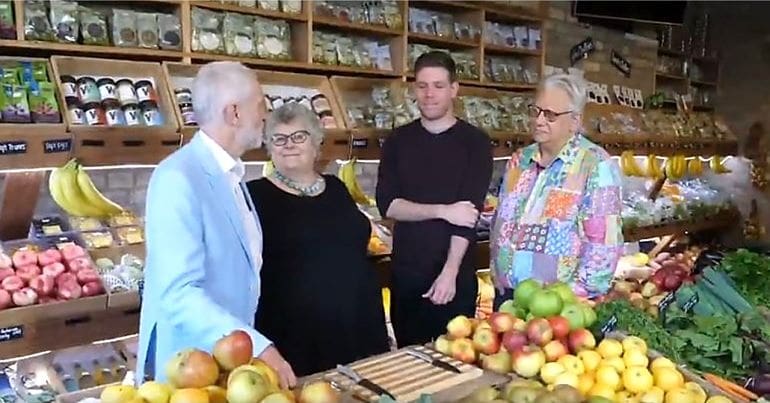 Jeremy Corbyn meets with Labour members in a grocers to talk about Rosh Hashanah