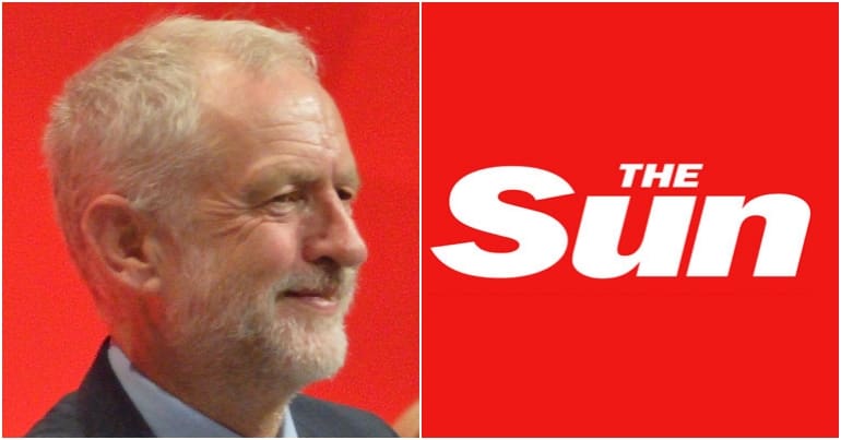 Jeremy Corbyn and Sun logo