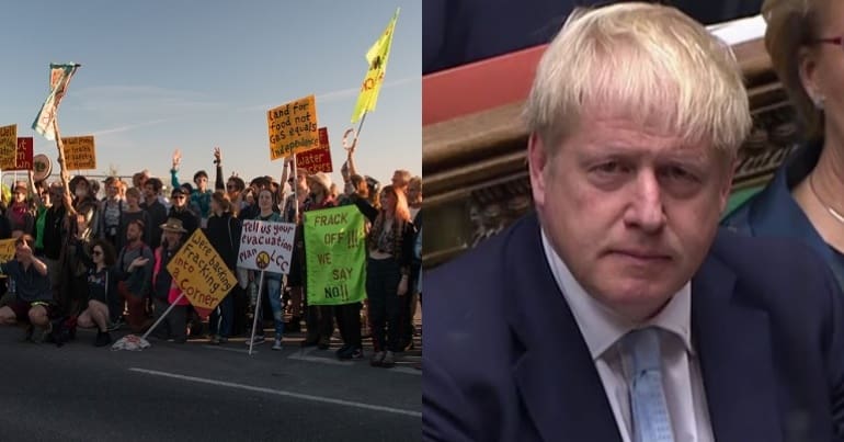 Anti-fracking protestors and Boris Johnson