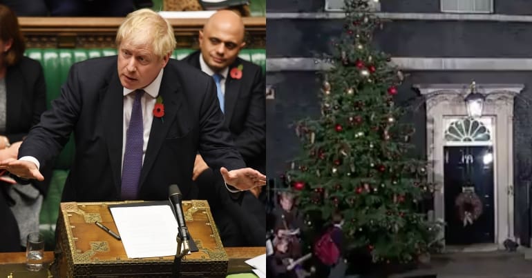 Boris Johnson and Xmas tree outside Downing Street