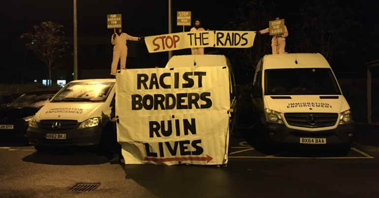 Bristol Rising Tide and Reclaim the Power block Immigration Enforcement vans from leaving depot in Portishead to prevent Home Office dawn raids