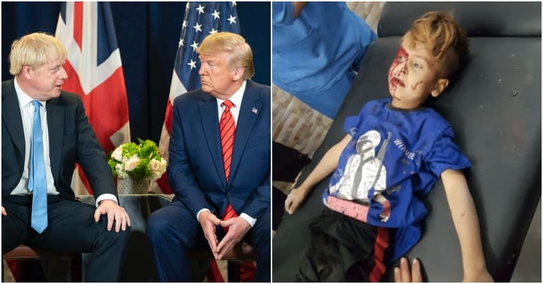 Boris Johnson and Donald Trump an injured child in Rojava