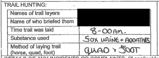 Trail hunting section from Daily Record Sheet for 30 August 2015