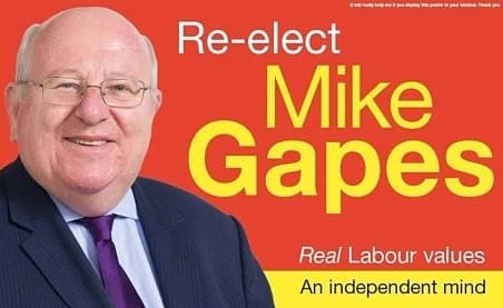 Mike Gapes campaign poster over the Independent Group logo