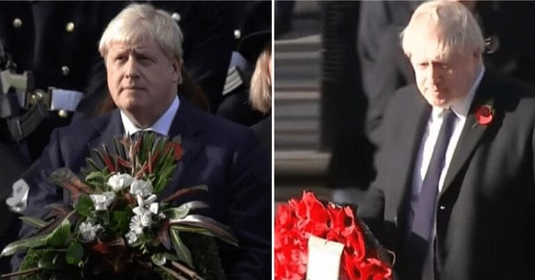 Two images of Boris Johnson laying a wreath, from 2016 and 2019