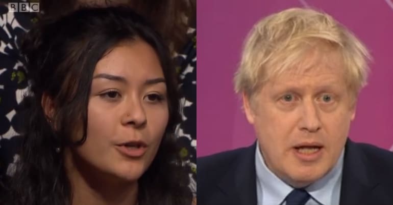 Audeince member and Boris Johnson