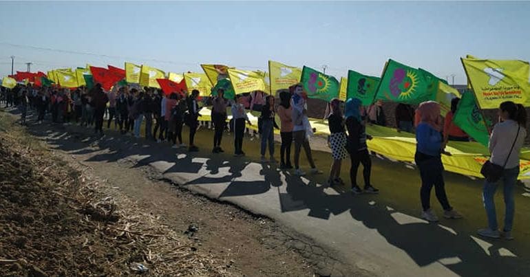 Demonstration in Rojava in honour of Serxwebun Ali, who was killed by a Turkish armed vehicle during the Turkish-Russian patrol