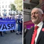 Split image: protest for Women Against State Pension Inequality (WASPI) / Jeremy Corbyn holding the Labour manifesto