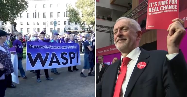 Split image: protest for Women Against State Pension Inequality (WASPI) / Jeremy Corbyn holding the Labour manifesto
