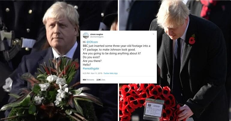 Boris Johnson holding a wreath in 2016 and 2019 with a tweet over the top suggesting Ofcom investigates the BBC's coverage