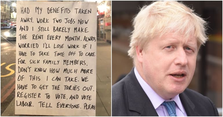 Poster at bus stop and Boris Johnson