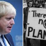 Boris Johnson and protester holding palacard reading "There is no planet B"