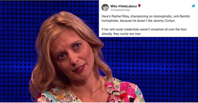 Image of Rachel Riley alongside a tweet criticising her sharing a tweet from a racist minister