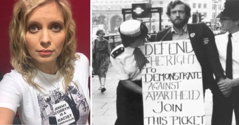 Rachel Riley and photo of Corbyn protesting South African apartheid