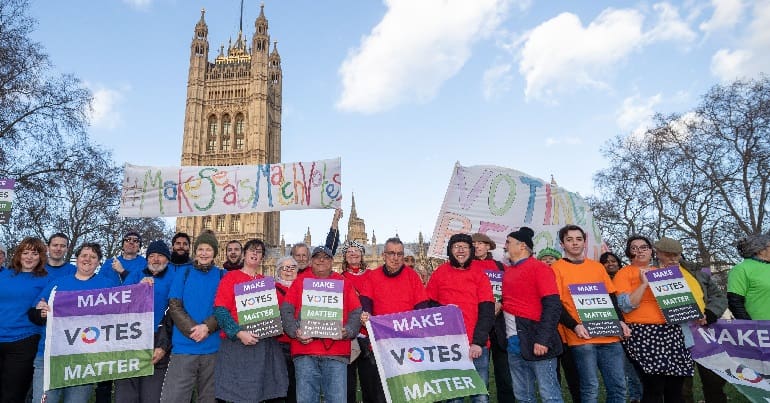 Make Votes Matter protest outside parliament on 14 December
