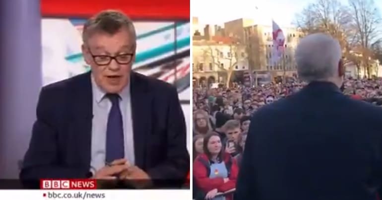 BBC News screenshot and Jeremy Corbyn at Bristol rally