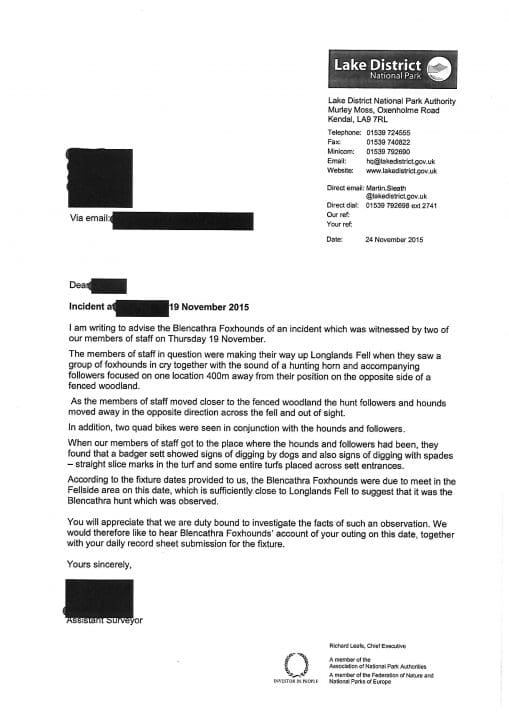 LDNPA letter to Blencathra Foxhounds