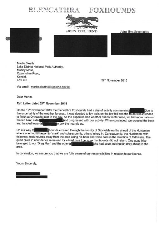 Blencathra Foxhounds response to LDNPA
