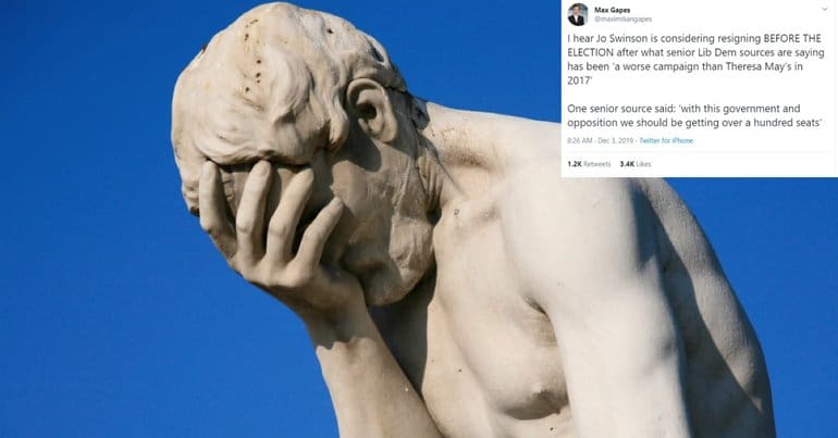 head-in-hand statue and screengrab of parody tweet