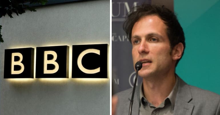 BBC logo and Justin Schlosberg