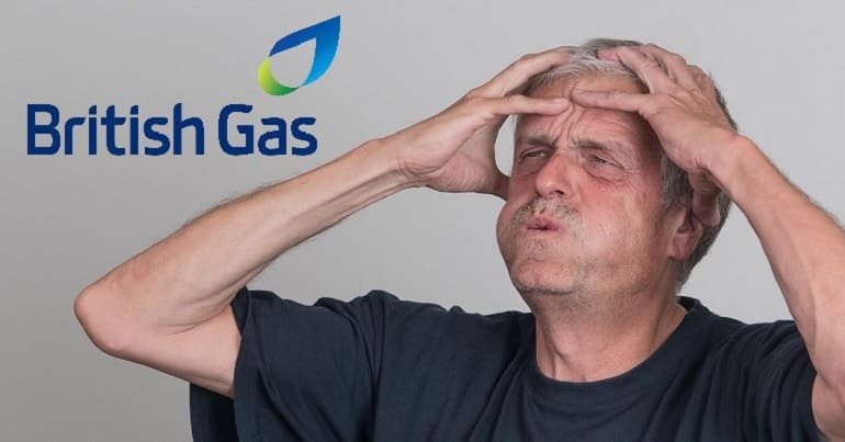 British Gas logo and a man with his head in his hands