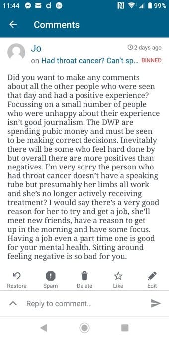 Charlotte Hughes DWP blog comment 