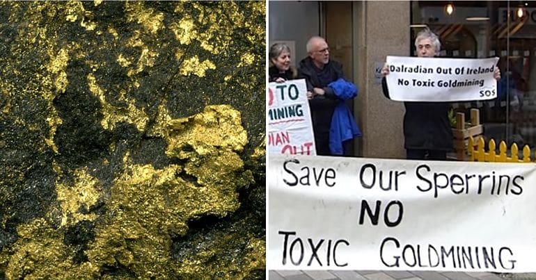 Illustrative image of gold ore / Image of protest against Sperrins mine