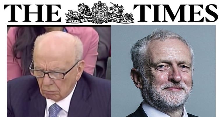 The Times logo with Rupert Murdoch and Jeremy Corbyn