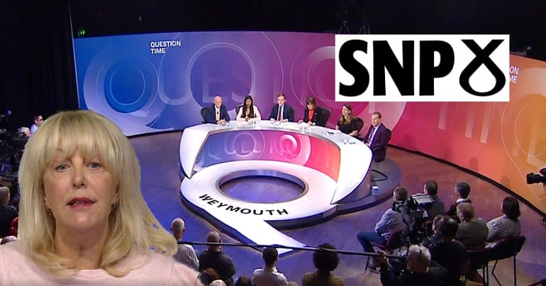 A scene from Question Time and the SNP logo