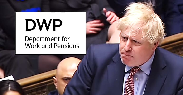 Boris Johnson at PMQs and the DWP logo