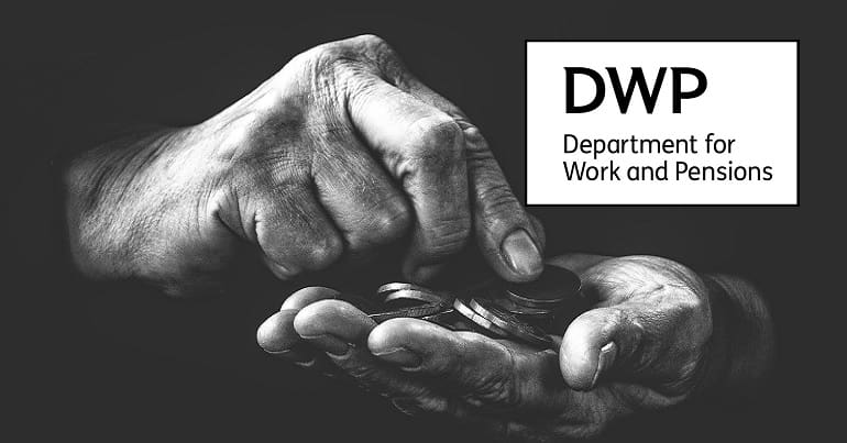 DWP logo and hands counting money representing cost of living payments