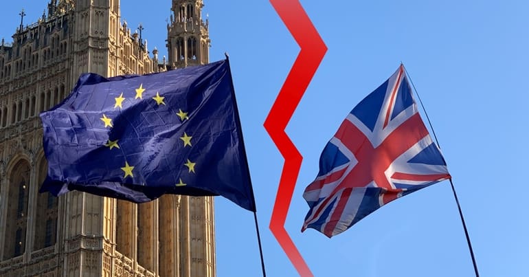 An EU flag and Union Jack with a split between them