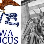 Image of the Iowa Caucus and a warped Statue of Liberty