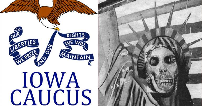 Image of the Iowa Caucus and a warped Statue of Liberty