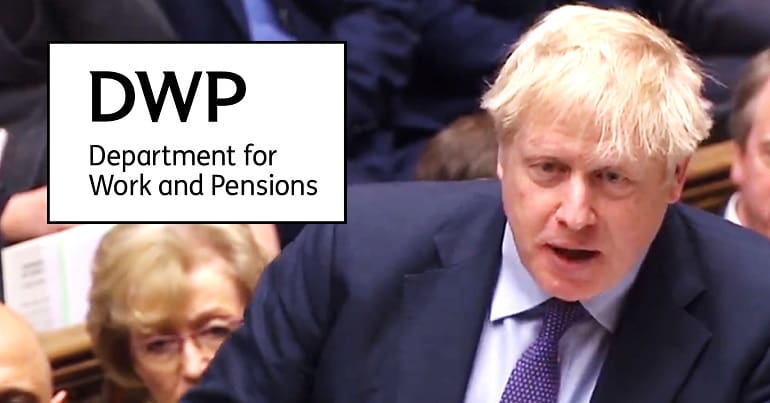 Boris Johnson and the DWP logo
